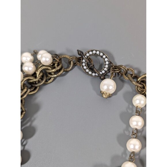 Dark Bronze Tone Faux Pearl Multi Chain Necklace Chunky Statement Bold 17.5" - Picture 7 of 9